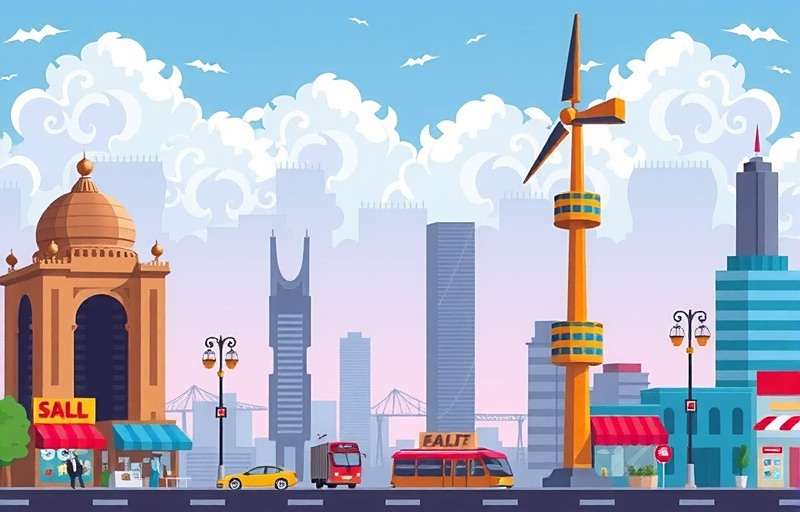 Biz Tycoon India cityscape showing various business establishments from street vendors to skyscrapers