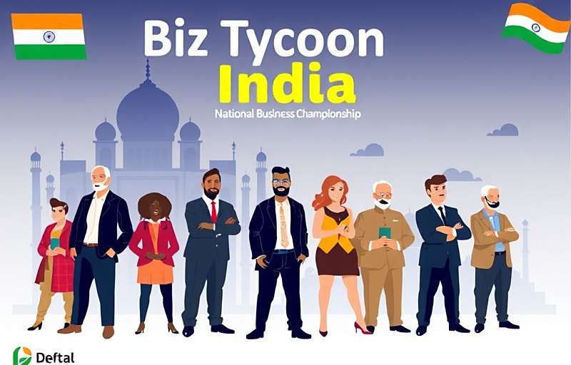 Biz Tycoon India national business championship poster featuring Indian business icons