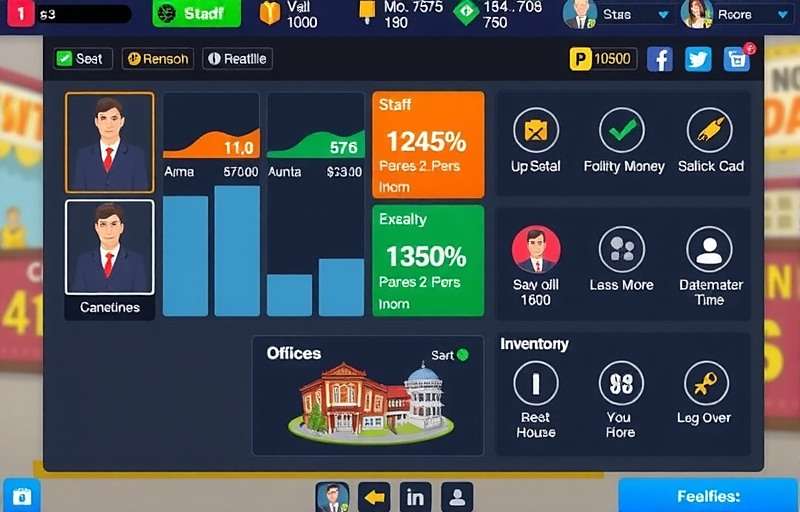 Biz Tycoon India gameplay interface showing business dashboard with finances, inventory and staff